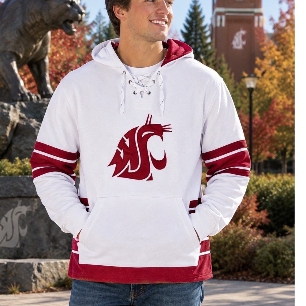 Washington State Cougars WSU Lace Up Hoodie Mens XL White Crimson